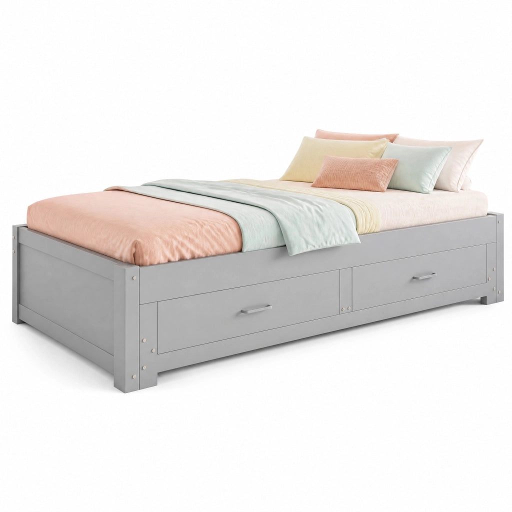 Divano letto in legno estraibile 90/180 x 190 cm con 2 cassetti, rete a doghe, grigio