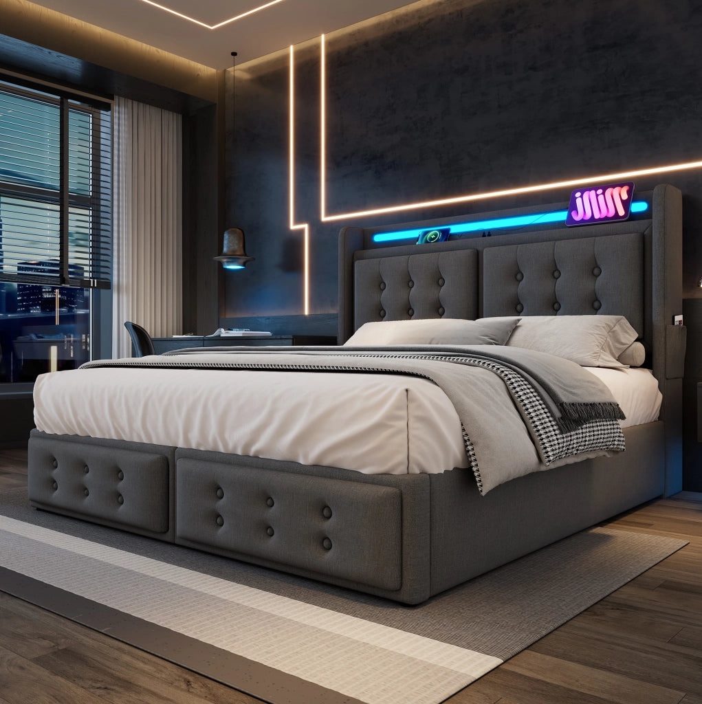 Letto matrimoniale 160x200 cm con contenitore; testiera con prese e USB; LED; grigio
