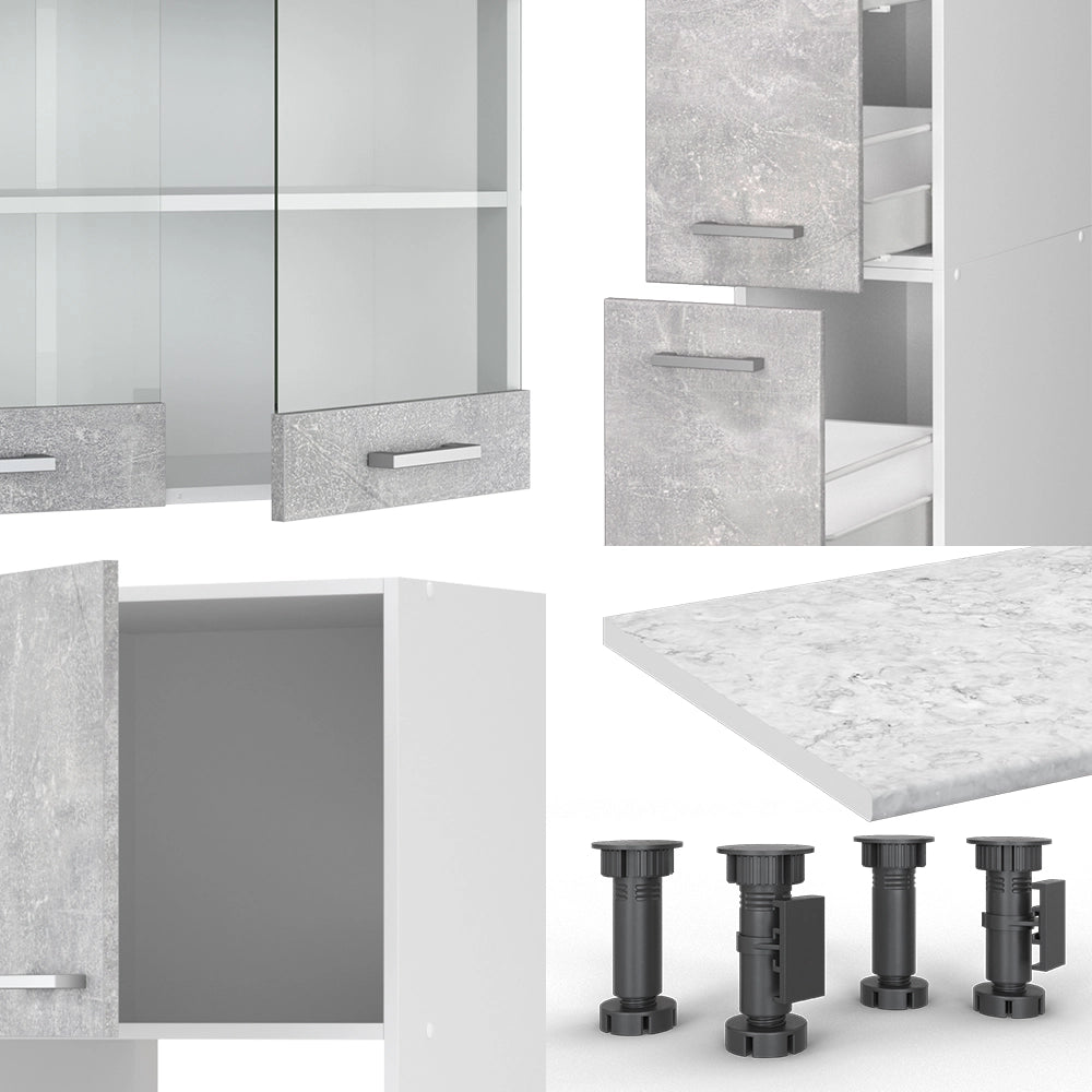 Mobile da cucina R-Line Calcestruzzo/Bianco 350 cm con armadio alto, PL Rovere Vicco
