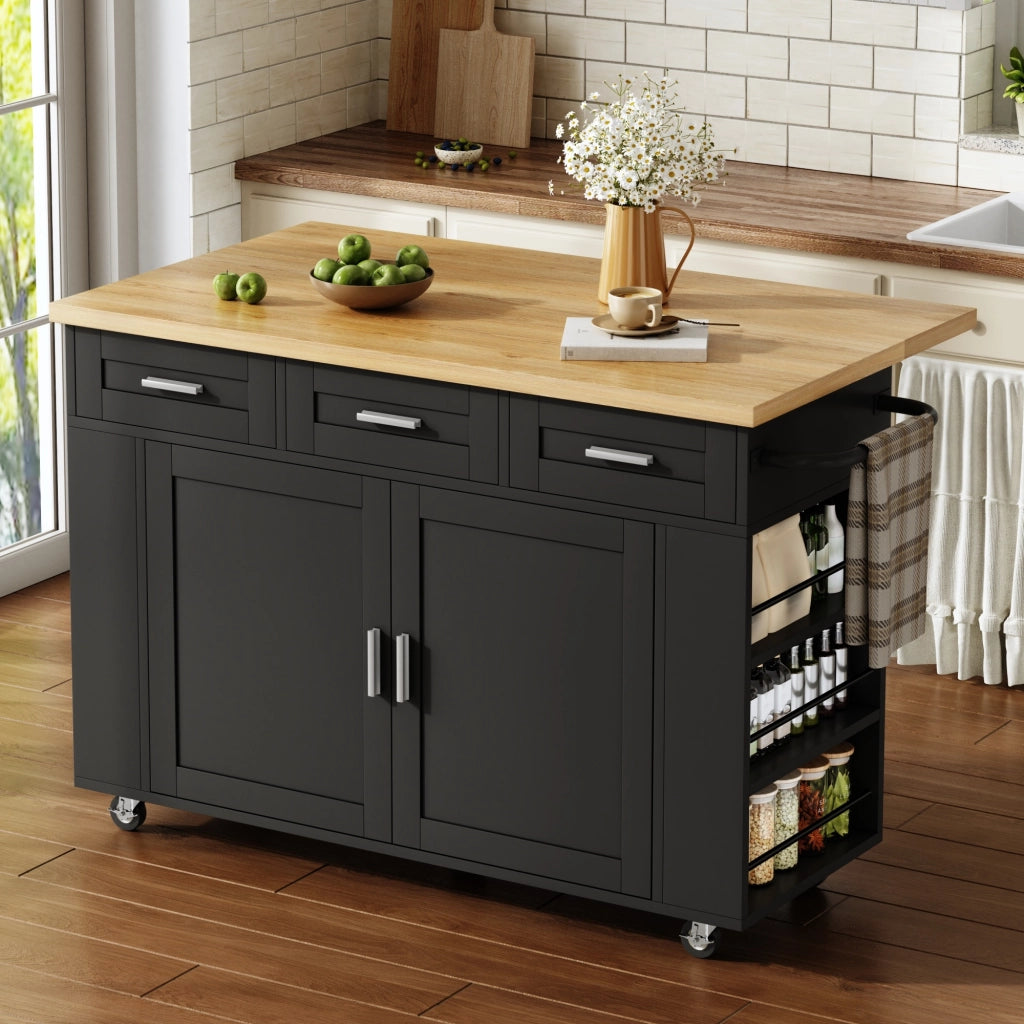 Isola da cucina mobile con piano ribaltabile, organizer estraibili, 3 cassetti, prese integrate e ruote bloccabili, 120 x 45(70) x 84 cm