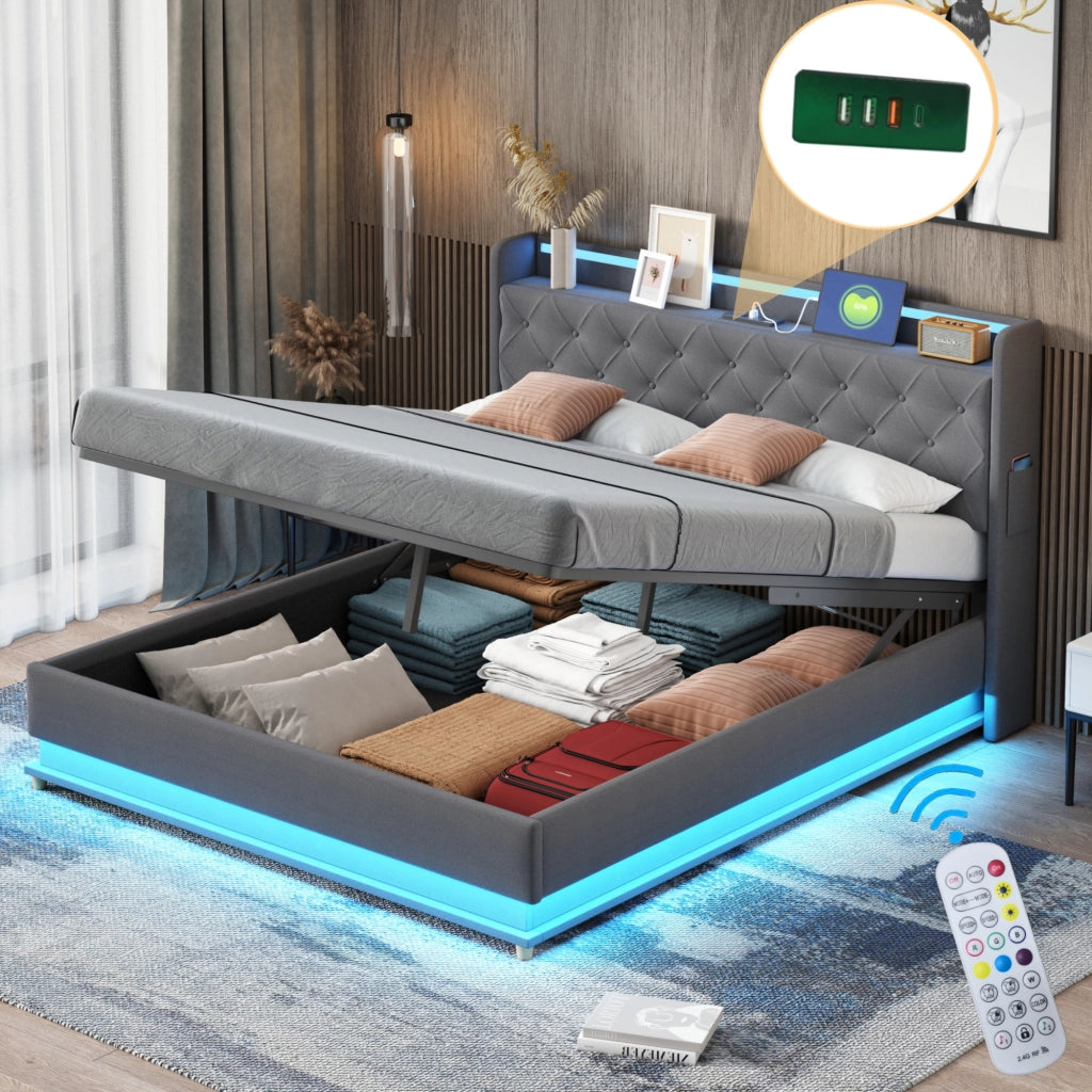 LETTO imbottito LED 160x200 cm grigio con USB e contenitore