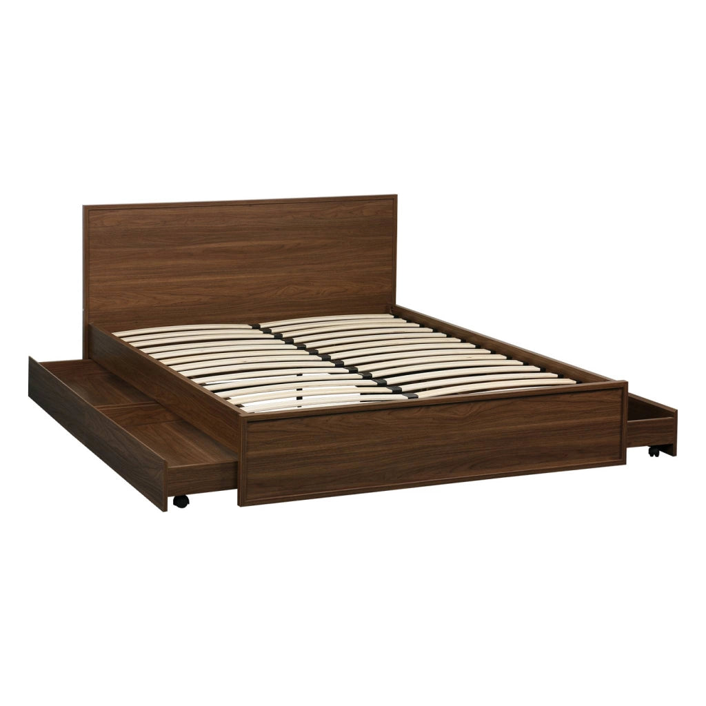 Letto con rete a doghe e testiera 140x190cm + 4 cassetti, noce