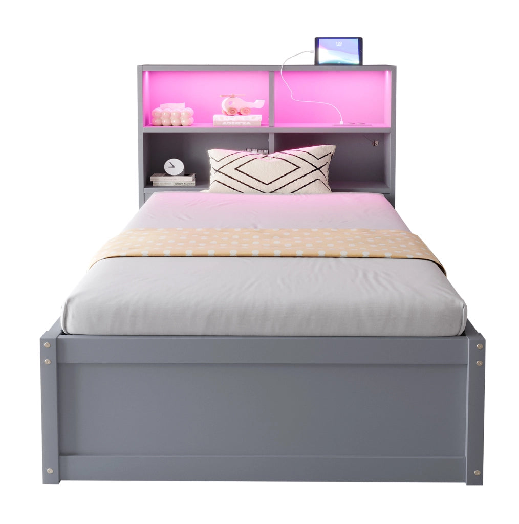 Letto multifunzione 90x200 cm grigio in legno con LED; presa integrata e 4 vani contenitore