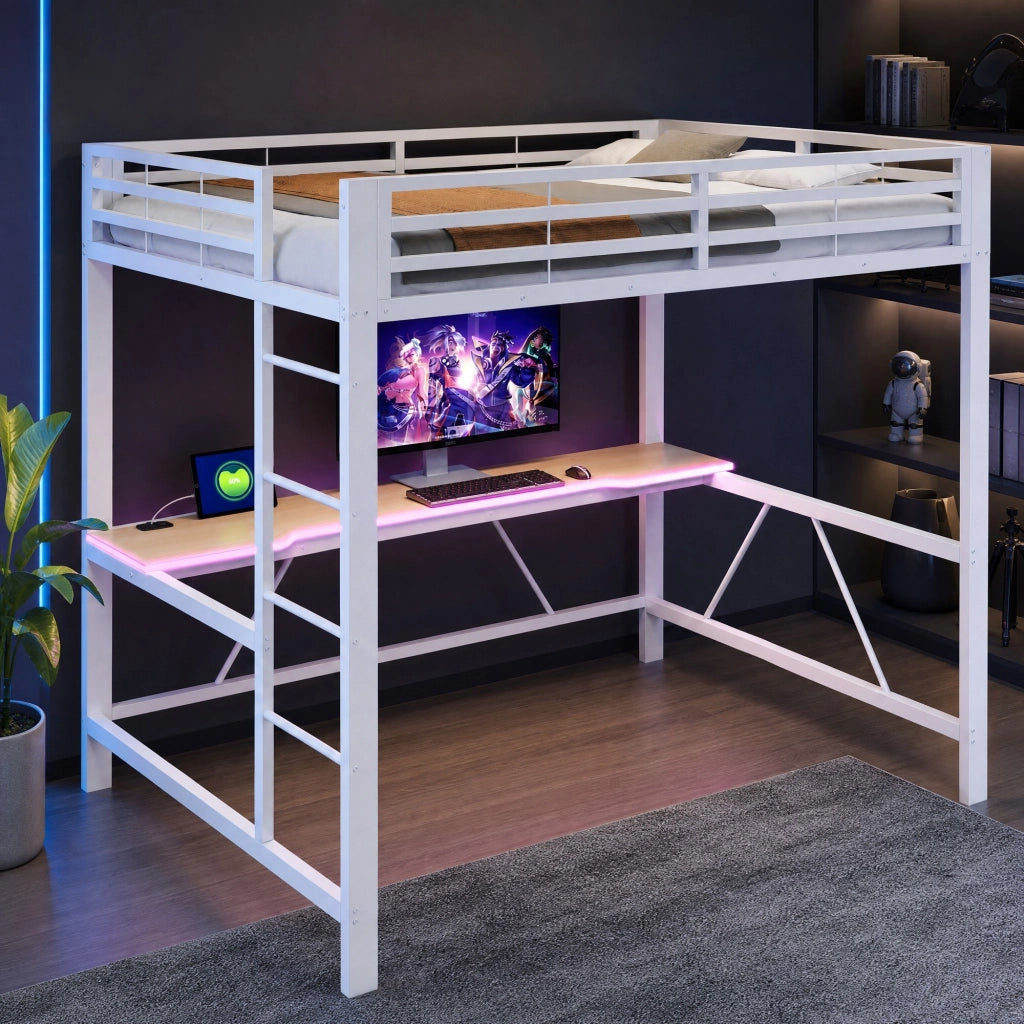 Letto a soppalco 140x200 con scrivania e LED bianco