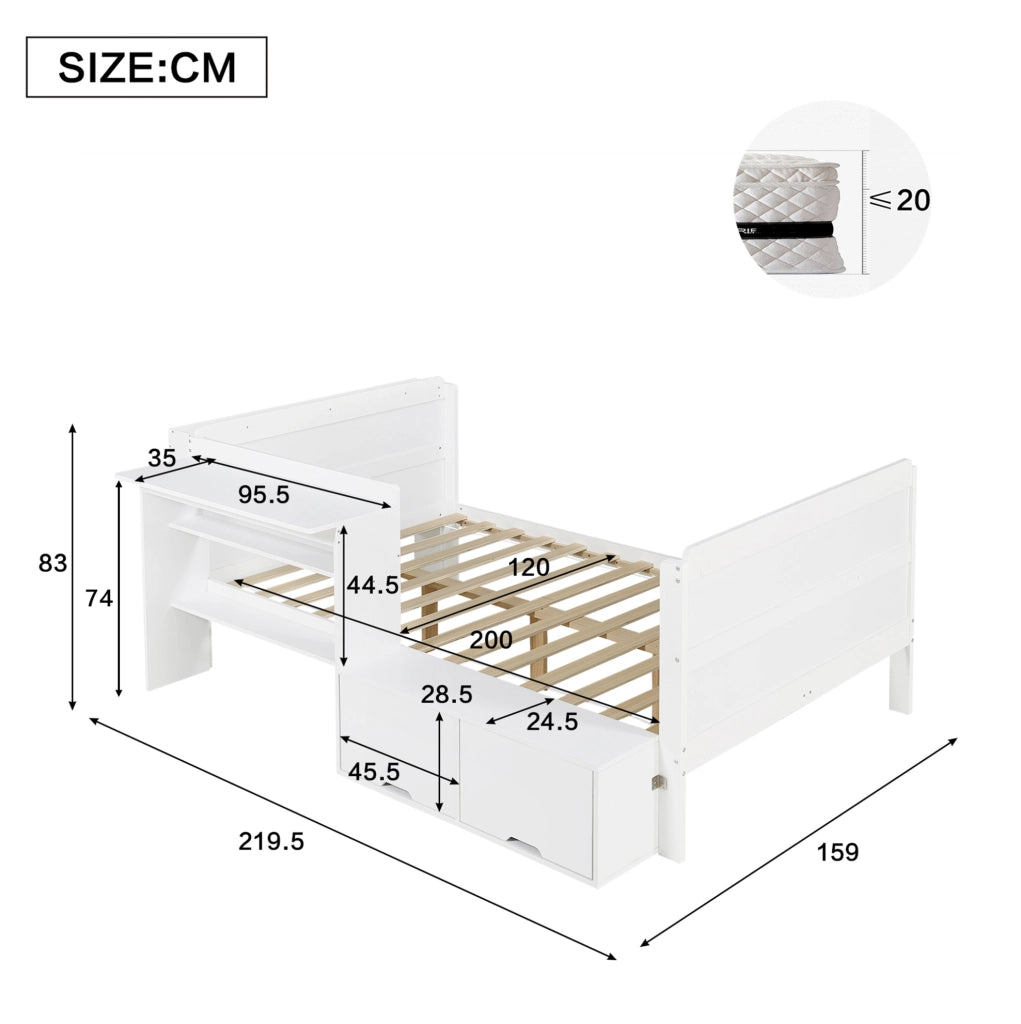 Letto funzionale 120x200 cm con scrivania; vano con anta a ribalta e ripiano; bianco