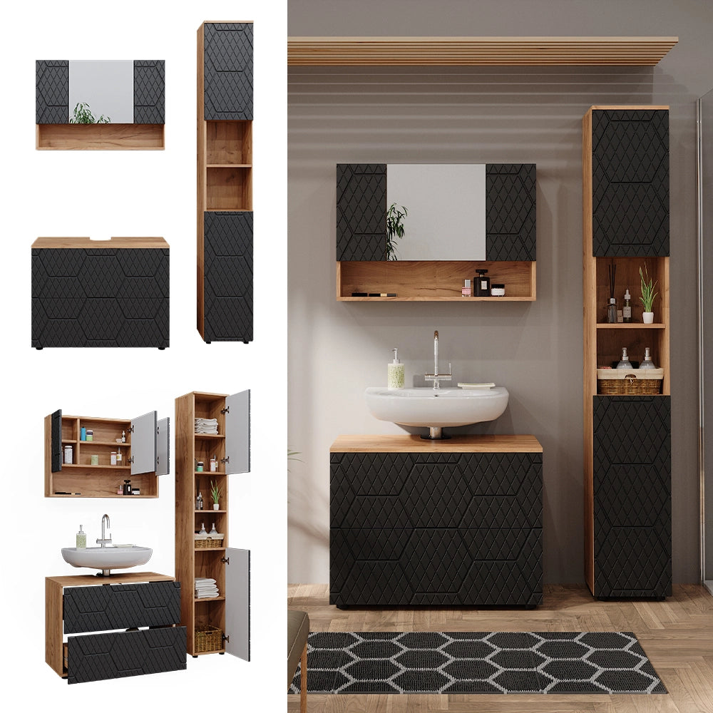 Vicco Set mobili bagno Antracite con struttura a nido d'ape 3 pezzi, con mobile a specchio 80 cm