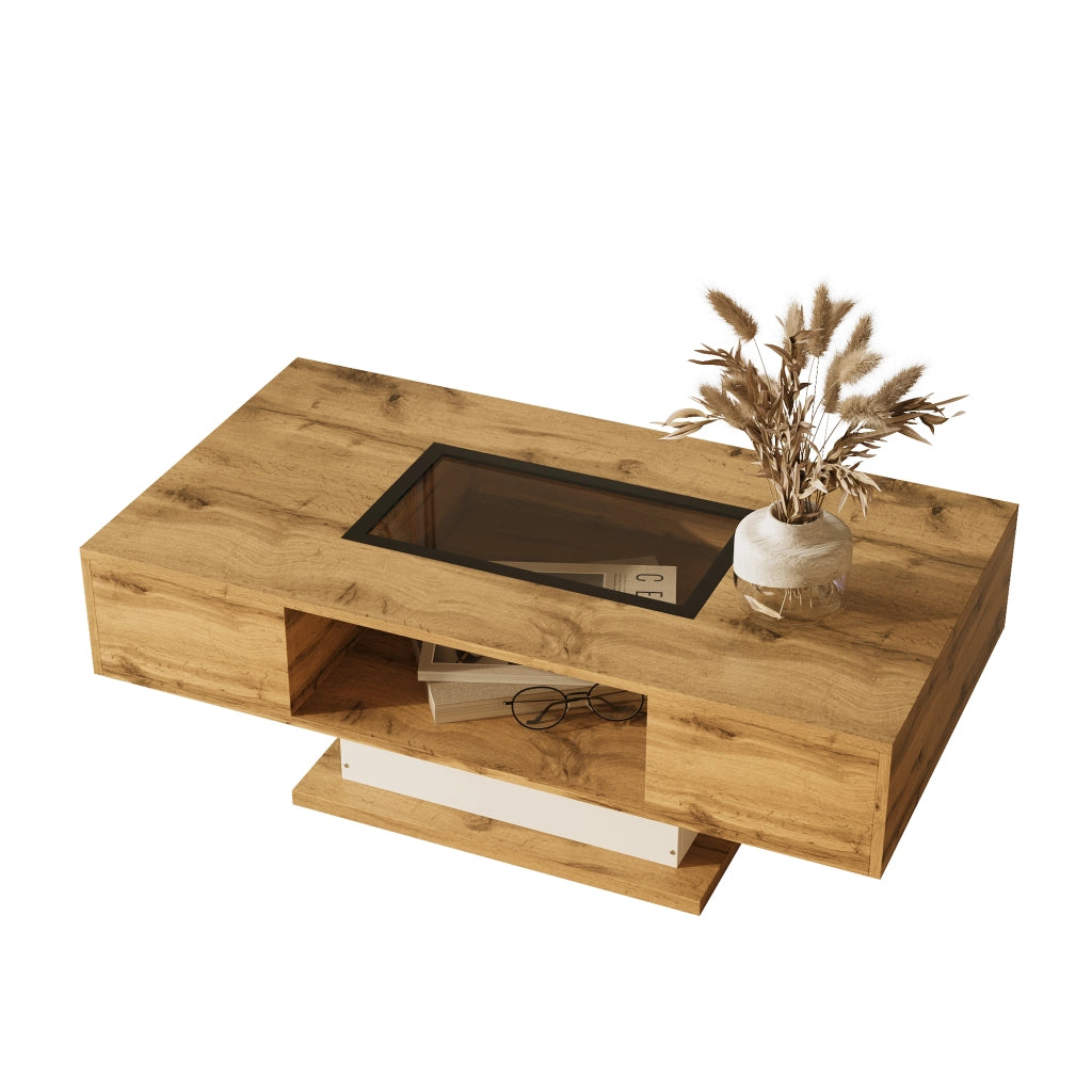Tavolino da Caffè con 2 Cassetti e LED Regolabile; Piano in Vetro; Stile Moderno; in Pannello di Particelle; 110;2×60×39;7 cm; Naturale