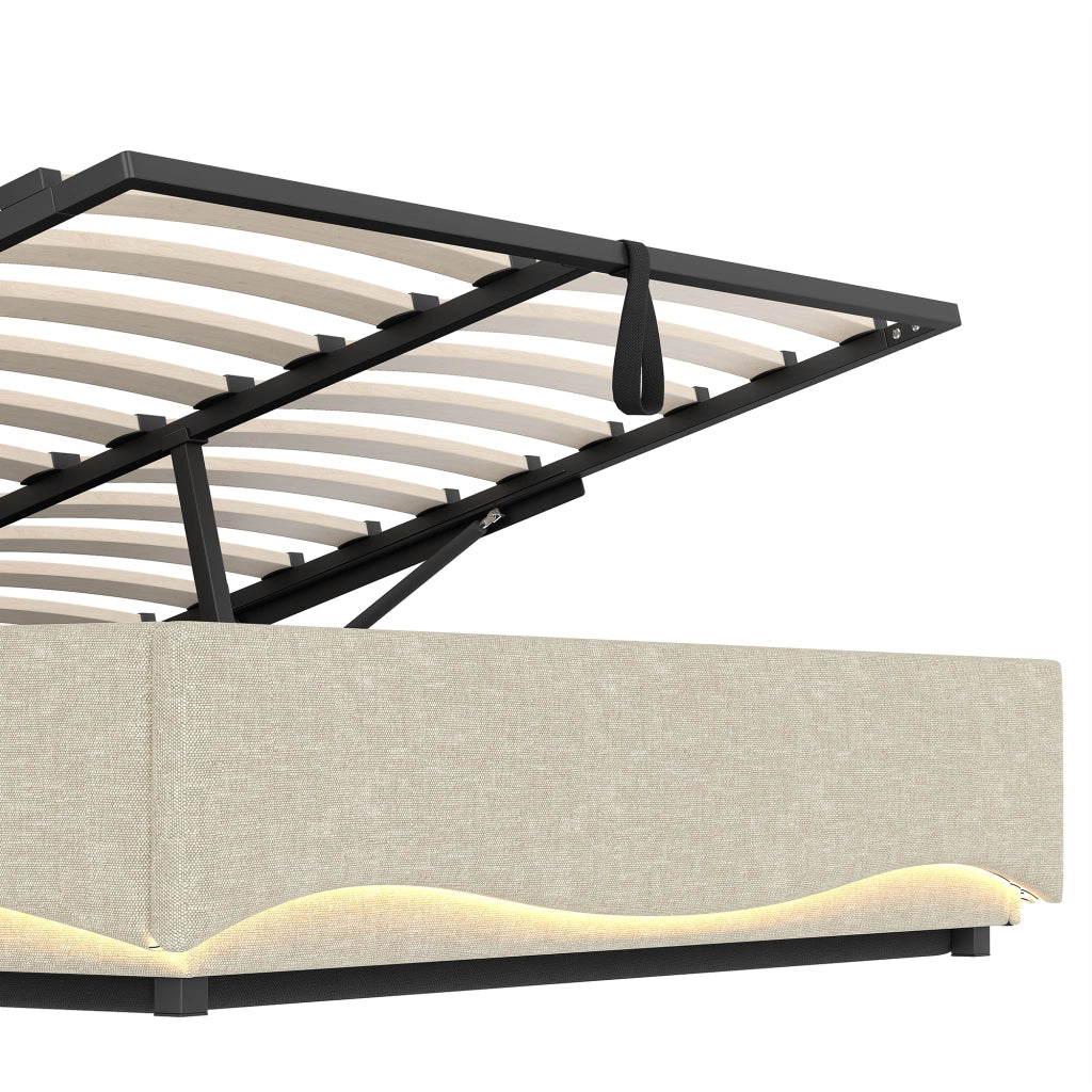 DESMIU Letto contenitore 140 × 200 cm 2 posti con LED regolabile, USB, USB-C e vano, senza materasso, beige