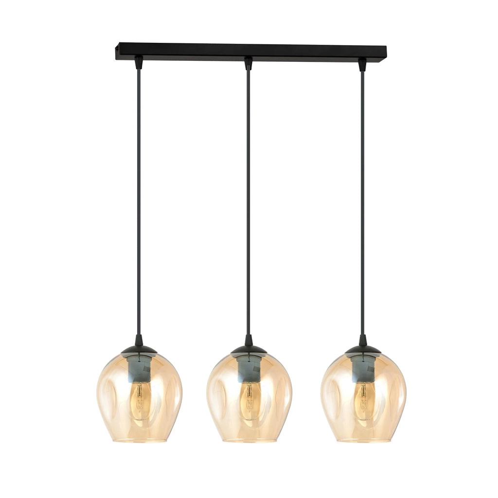 Lampadario 3 Luci Fuxi In Acciaio Nero E Vetri Ambra