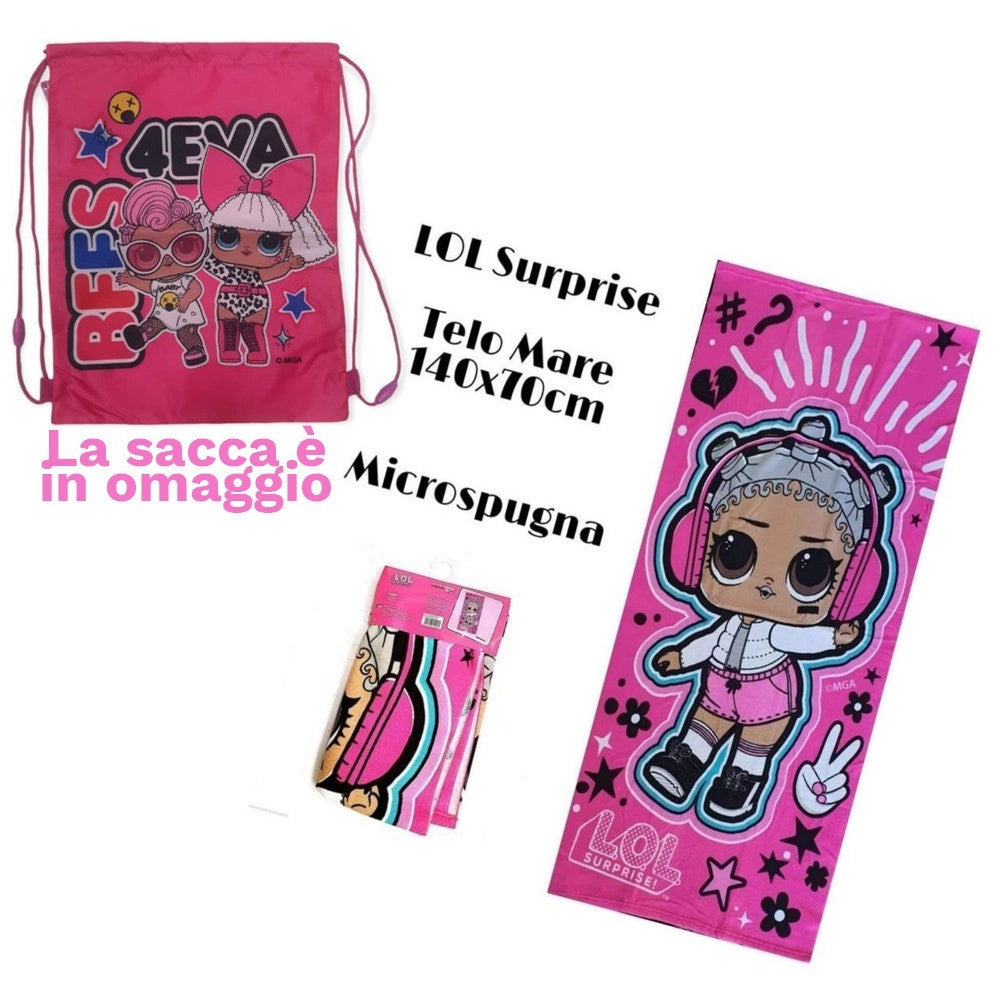 Trade Shop - Telo Mare In Cotone Lol Surprise + Sacca In Omaggio Asciugamano Mare Piscina Lol -