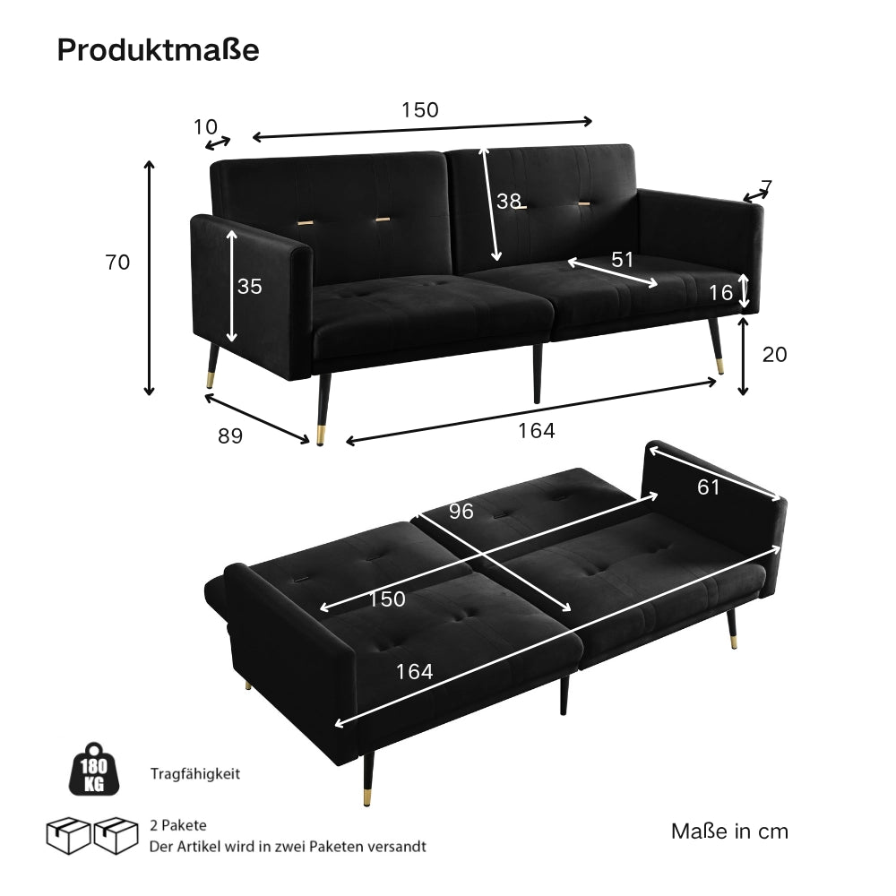Divano letto 2 posti convertibile con schienali regolabili indipendenti in 5 posizioni velluto nero 164 × 89 × 70 cm