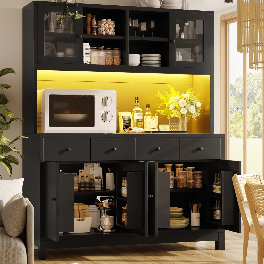Credenza alta con LED RGB da app, 4 cassetti e ripiani regolabili per cucina e soggiorno in MDF nero 140 × 38,5 × 180 cm