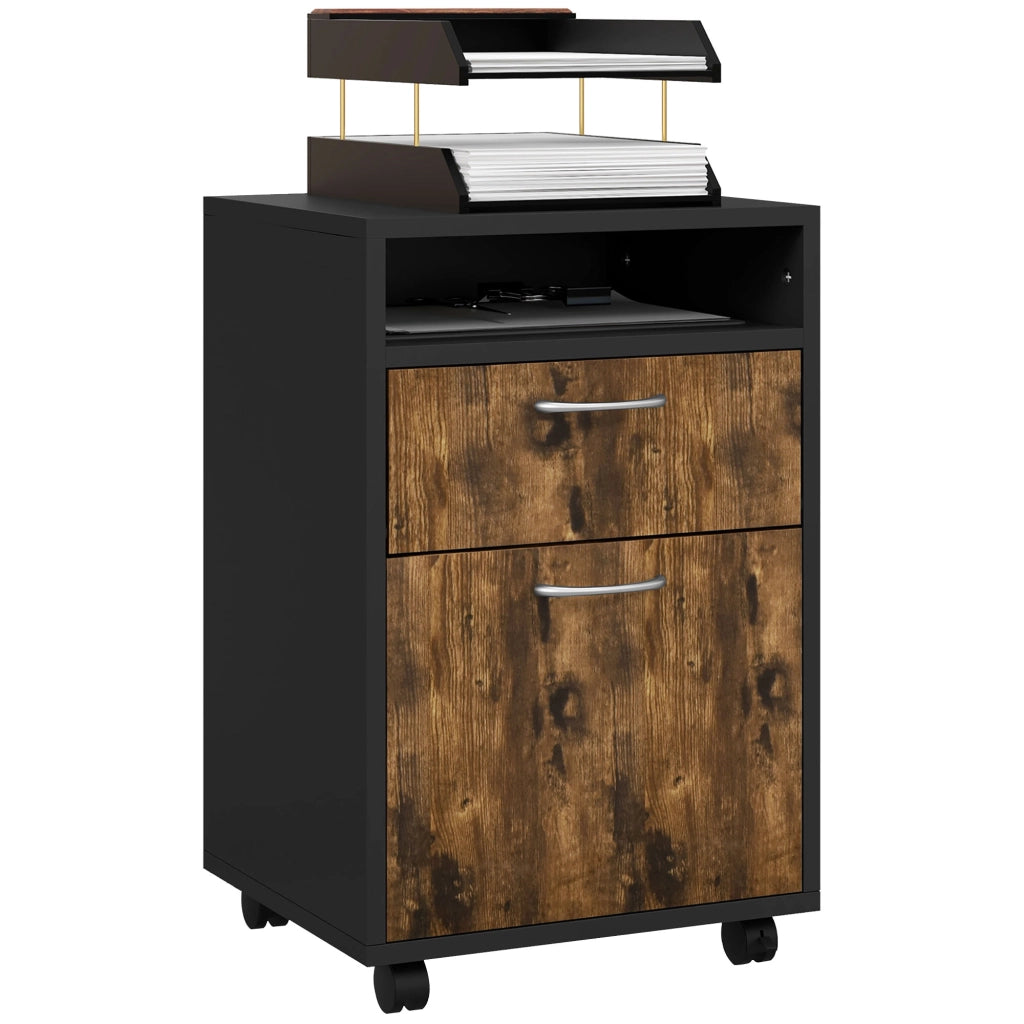 Cassettiera Portadocumenti con Cassetto e Ripiano, 4 Ruote, 40x35x60cm, Marrone e Nero