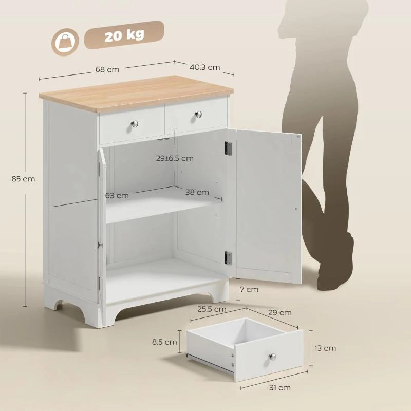 CREDENZA BASSA CON ARMADIETTO 2 ANTE, RIPIANI REGOLABILI E 2 CASSETTI, BIANCO E LEGNO