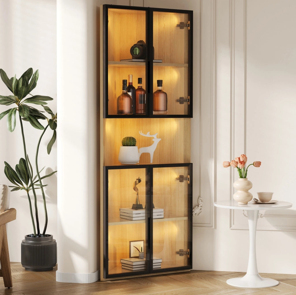 Vetrina angolare con LED 62 x 32 x 160 cm in MDF effetto rovere e vetro temperato