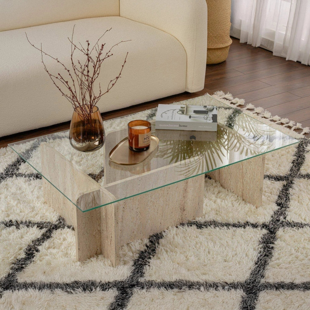 Rhysand, Tavolino da Salotto Portariviste, 105x65x30h cm Beige Marmo