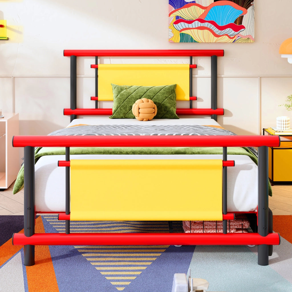 Letto singolo per bambini 90x200 cm in metallo rosso con cassetti integrati