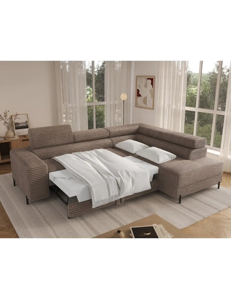Divano ad angolo COLESIA convertibile 5 posti beige velluto a coste – destro – 274x200cm