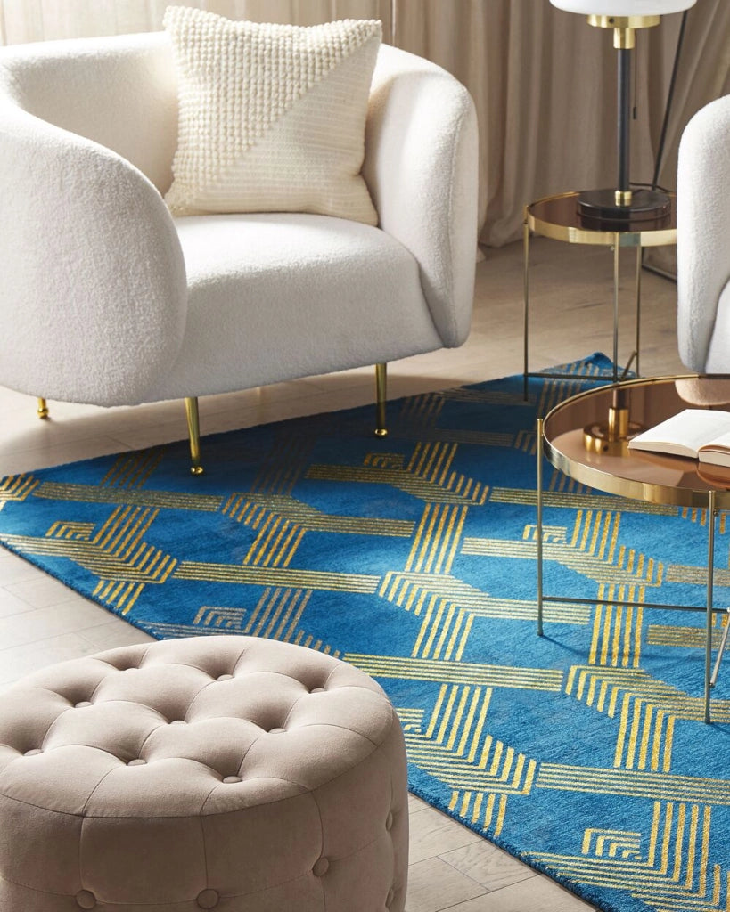 Tappeto Blu con dorato Fantasia Geometrica Viscosa con Cotone 160 x 230 cm Stile Modern Glam