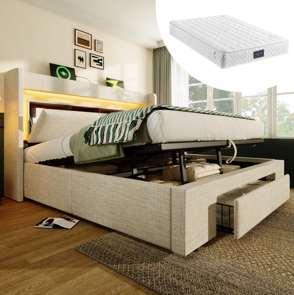 Letto imbottito 140x200 cm beige con LED, USB-C e materasso H3