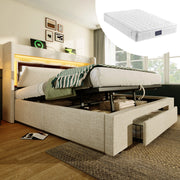 Letto imbottito 140x200 cm beige con LED, USB-C e materasso H3