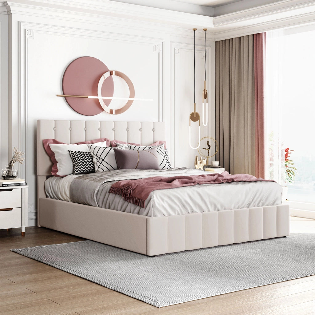 Letto Contenitore 140x200 cm; con Alzata Idraulica; Testiera Imbottita e Velluto Crema