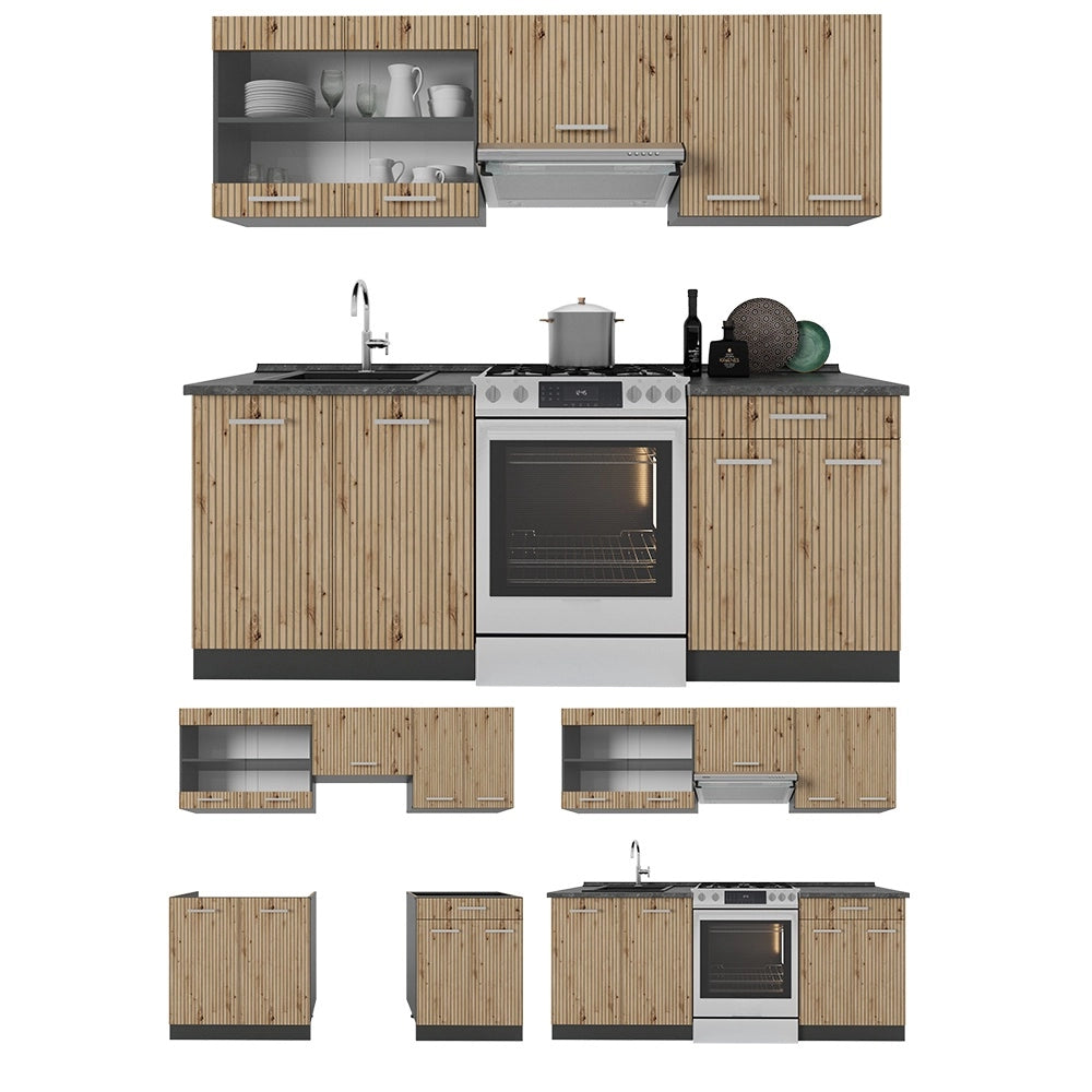 Cucina componibile R-Line Rovere artigianale/Antracite 200 cm, PL Rovere Vicco