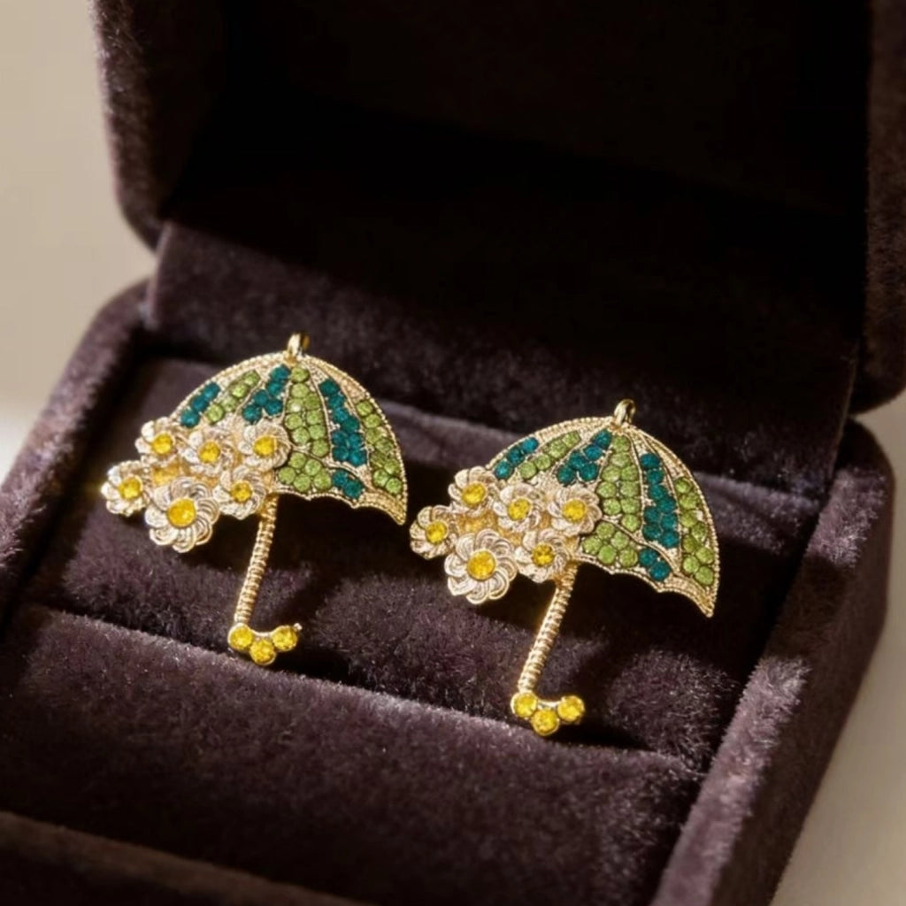 Orecchini a forma di ombrello con strass sfumati, dal design di nicchia e dallo stile vintage, giovani e graziosi.