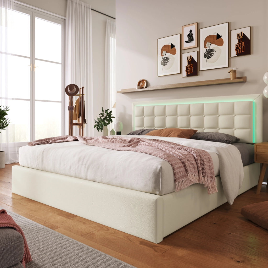 Letto imbottito 140x200 cm bianco con materasso, LED e vano contenitore