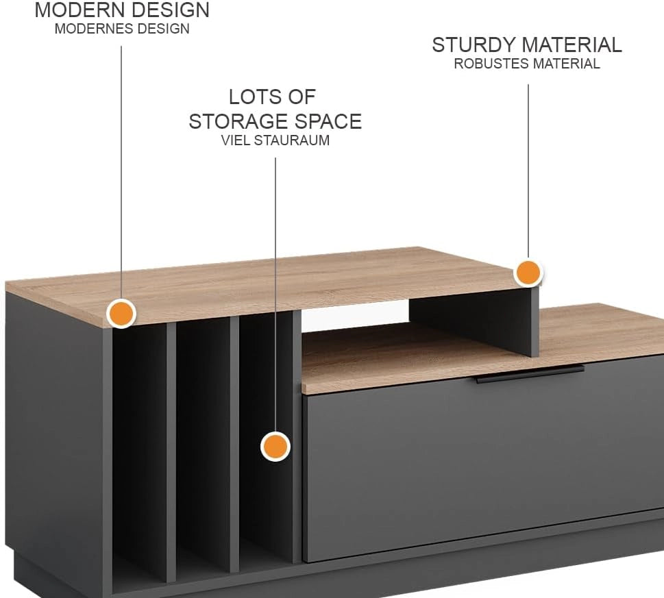 Lavagna Betti, Antracite/Sonoma, 120 x 49.9 cm con 1 porta, adatto per TV fino a 55 pollici e accessori multimediali