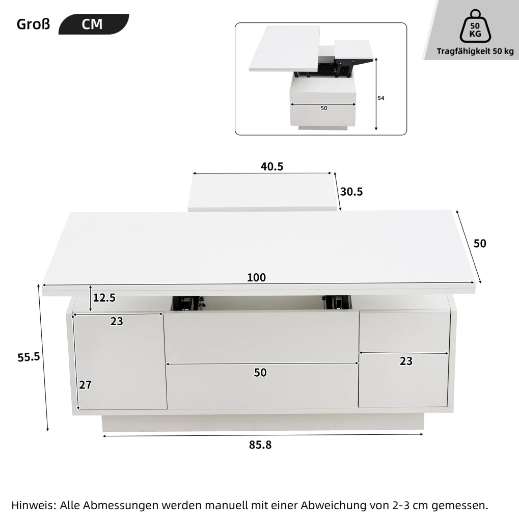 Tavolino da caffè 100x50x43 cm con doppio piano sollevabile; vano nascosto in truciolato bianco