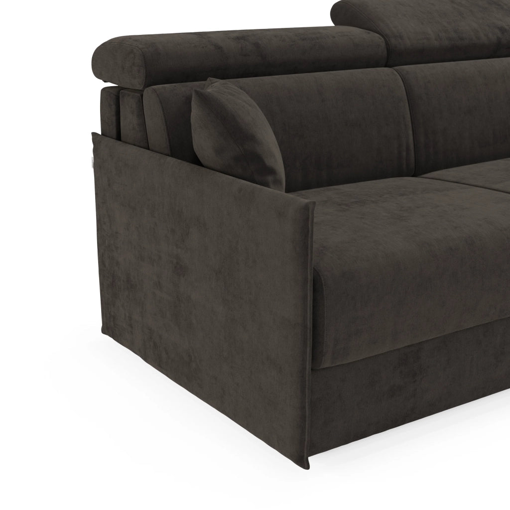 Miryam divano letto angolare compatto - poggiatesta reclinabili e penisola contenitore in tessuto smacchiabile T31 252 cm destro nero fumo