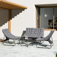 Set di Mobili da Giardino per 4 Persone con 2 Sedie, 1 Divano a Due Posti, 1 Tavolino con Piano in Vetro, Cuscini Spessi, Telaio in Acciaio, per Terrazza, Grigio