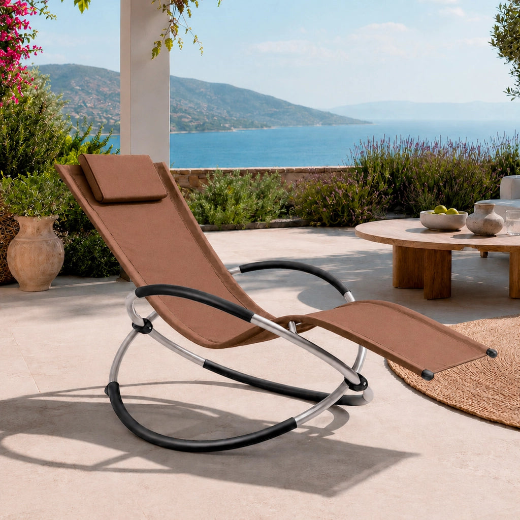 Poltrona Relax Basculante Da Giardino Con Movimento A Dondolo Telaio In Metallo Rivestimento Traspirante In Textilene Per Piscina Terrazzo Marrone