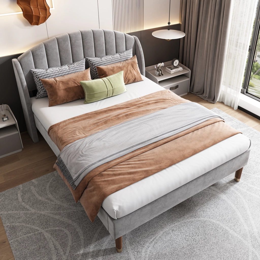 OKWISH Letto Matrimoniale 140×200 cm con Testiera Imbottita e Doghe in Legno, senza Materasso, in Velluto, Grigio