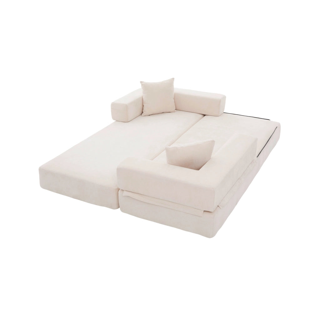 Divano modulare 198x79x60 cm in chenille con tasche laterali e fondo antiscivolo beige