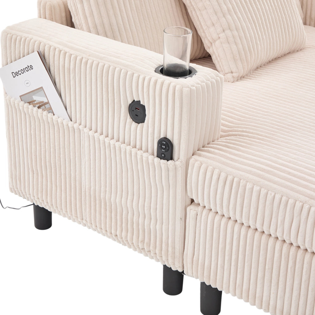 Poltrona relax 142x128x85 cm con LED; USB e portabicchiere in velluto a coste beige