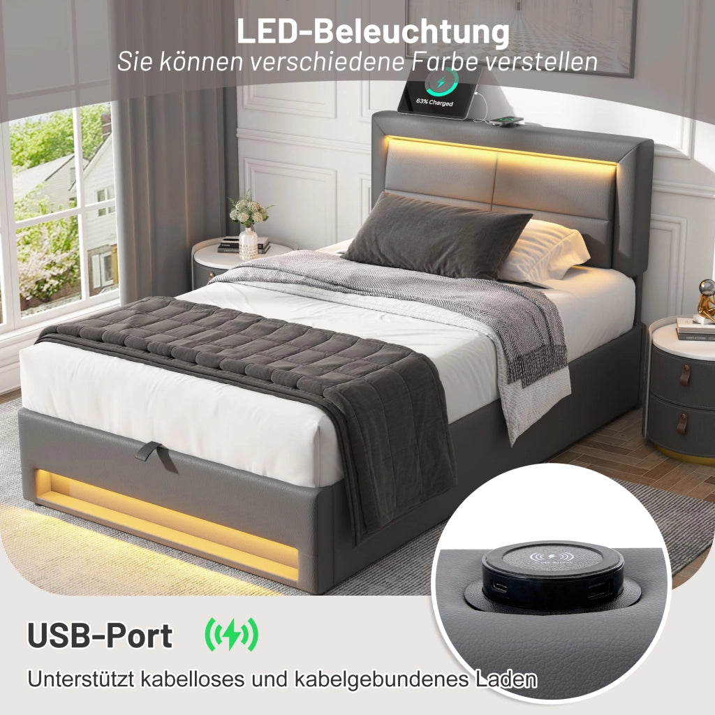 Letto singolo imbottito – 90x200 cm – USB LED contenitore – PU litchi grigio