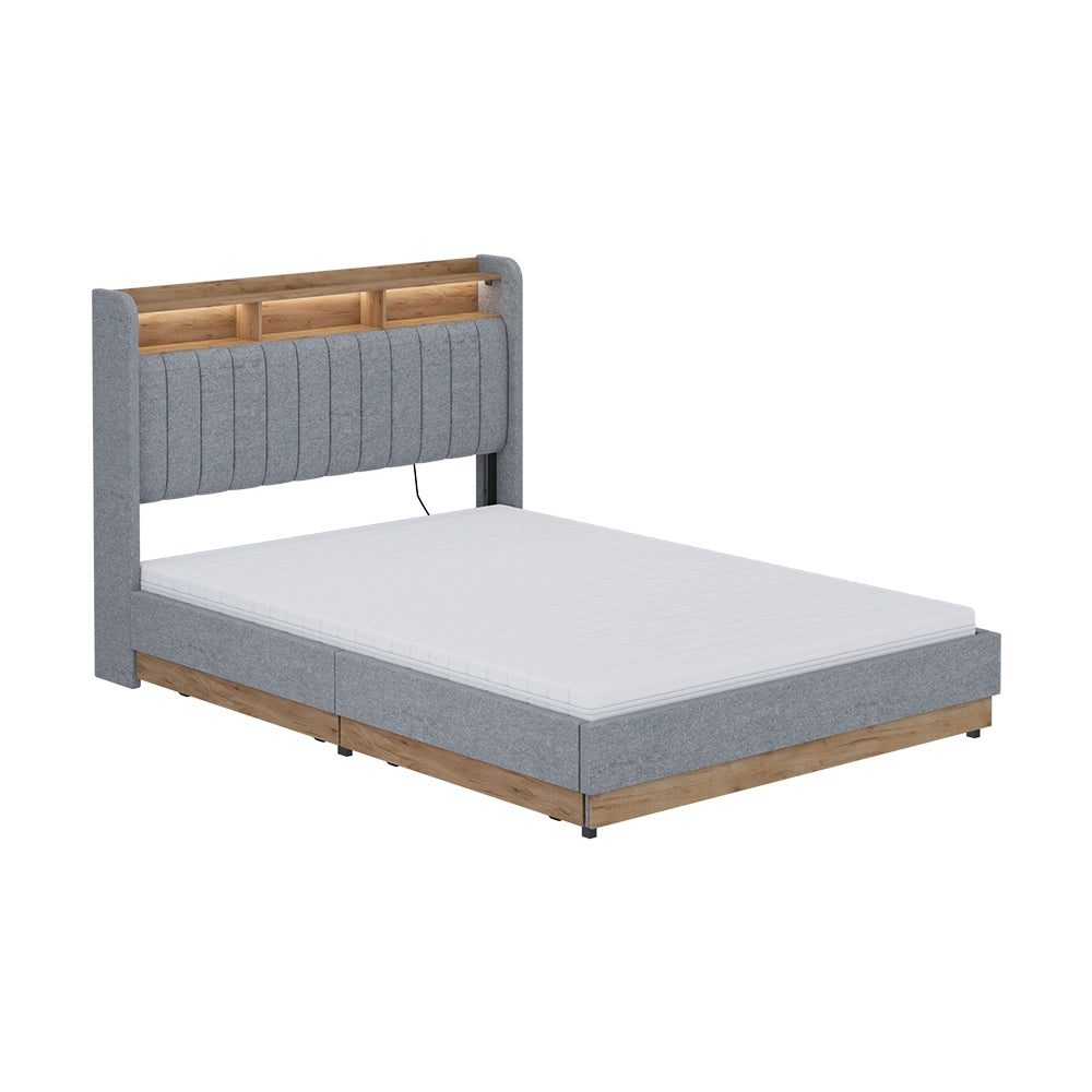 Vitalispa Letto imbottito Grigio/quercia 140x200 cm con 4 cassetti