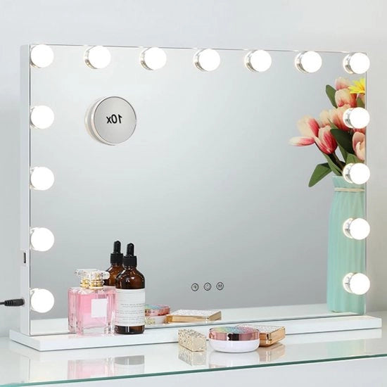 Specchio per Trucco con Illuminazione - 44,5 x 58 cm - Senza Bordeggio - 15 Lampade LED - Con 3 Livelli di Luce - Bianco
