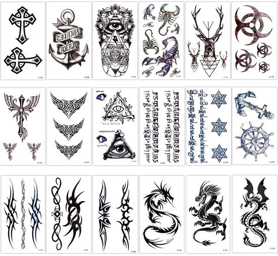 Tatuaggi Temporanei Acqua Resistenti - 18 Fogli - Sticker Body Art - Disegni Grafici - Durata Massima 5 Giorni