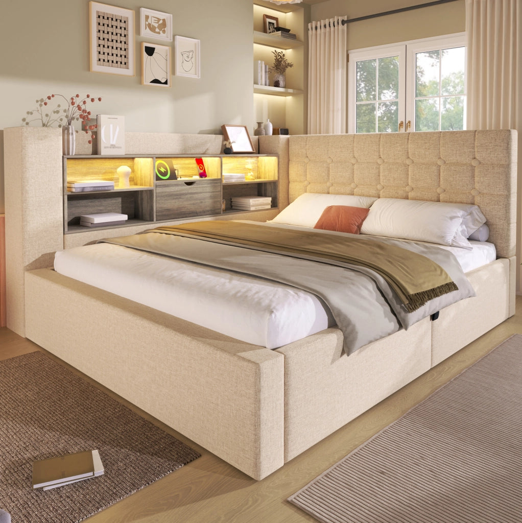 Letto imbottito con LED, contenitore idraulico e materasso incluso 140x200 cm