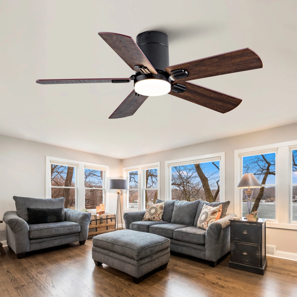 Ventilatore da soffitto a filo con luce dimmerabile e telecomando, motore DC reversibile nero e noce scuro