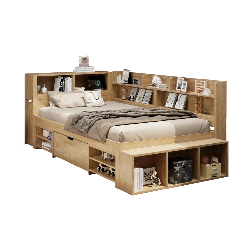 Letto per bambini 90x200 cm con contenitore; ripiani e cassetti; in plywood naturale