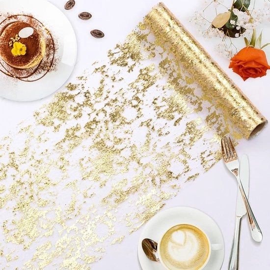 Telaio per tavola, foglia metallizzata con paillet glitter, mesh sottile, telaio per tavola rotolo, decorazione per tavola centrale per matrimonio, compleanno, baby shower, Pasqua, casa, oro, 28CM*900CM