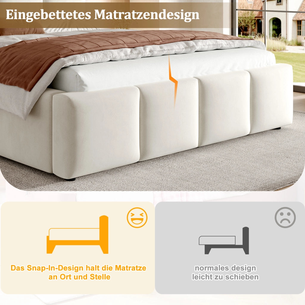 Letto per adulti 180 × 200 cm con testiera imbottita, rete inclusa, senza materasso, beige