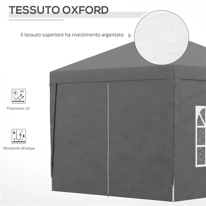 GAZEBO DA ESTERNO 3X3 M PIEGHEVOLE CON 4 PANNELLI LATERALI IN ACCIAIO E TESSUTO OXFORD GRIGIO