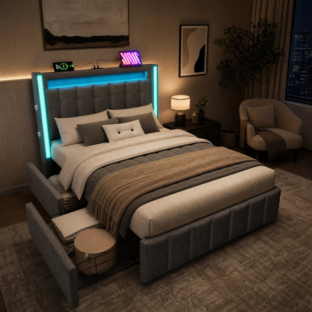 Letto singolo imbottito 90x200 cm grigio con LED, ricarica USB-C e 2 cassetti