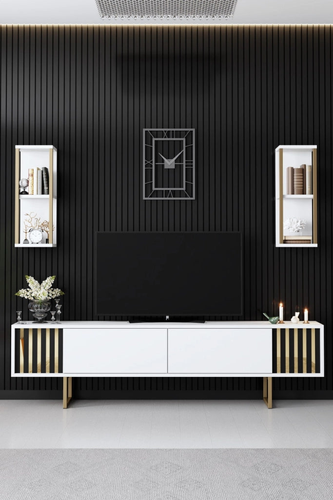 Porta TV in legno "Gold Line" - 180 x 30 x 48 cm - Bianco-Nero