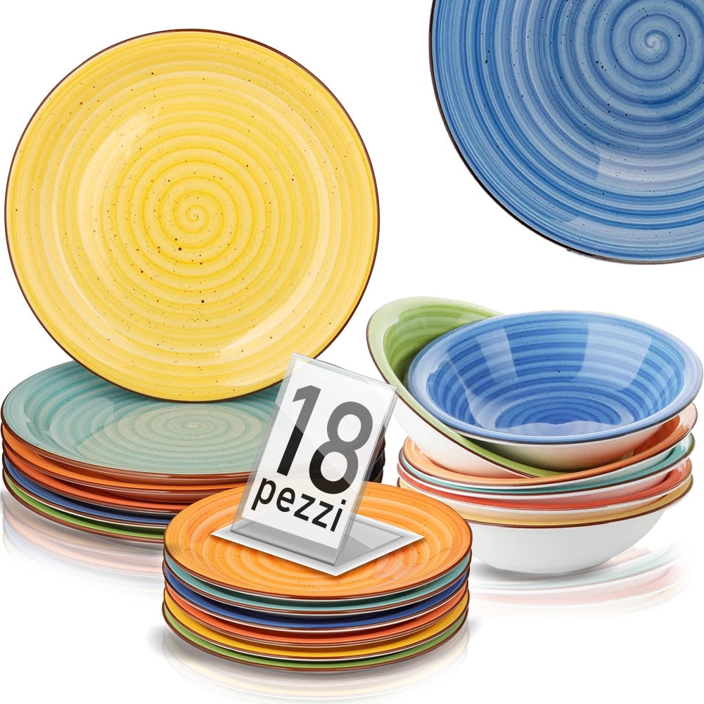 Set da 18 Piatti in Gres Porcellanato Multicolore Servizio da Tavola Sale e Pepe